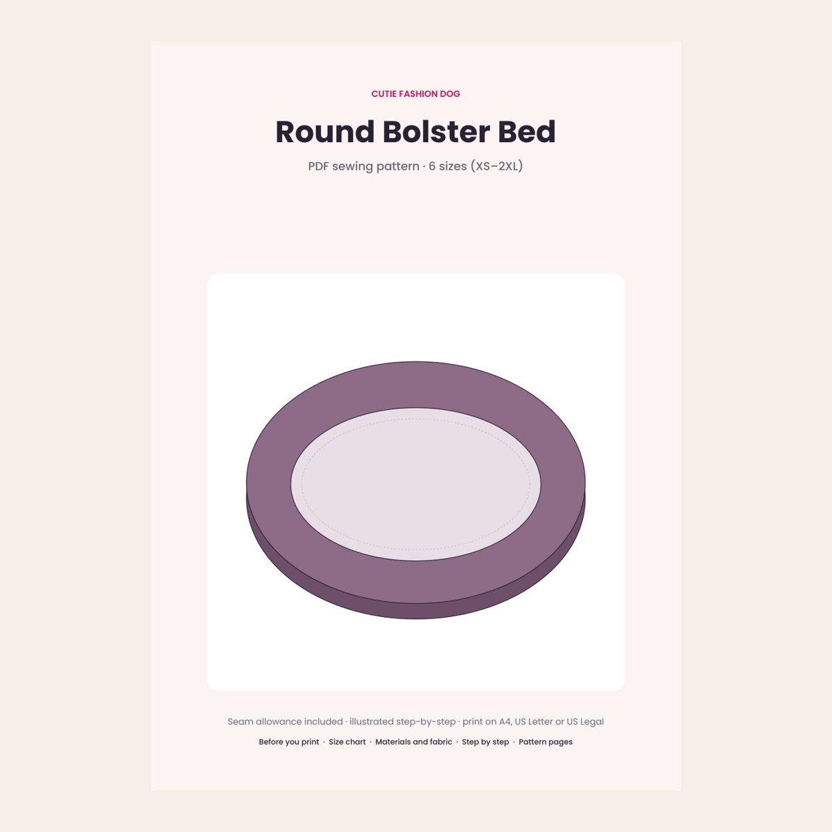 Round Bolster Dog Bed PDF Sewing Pattern · 6 Sizes