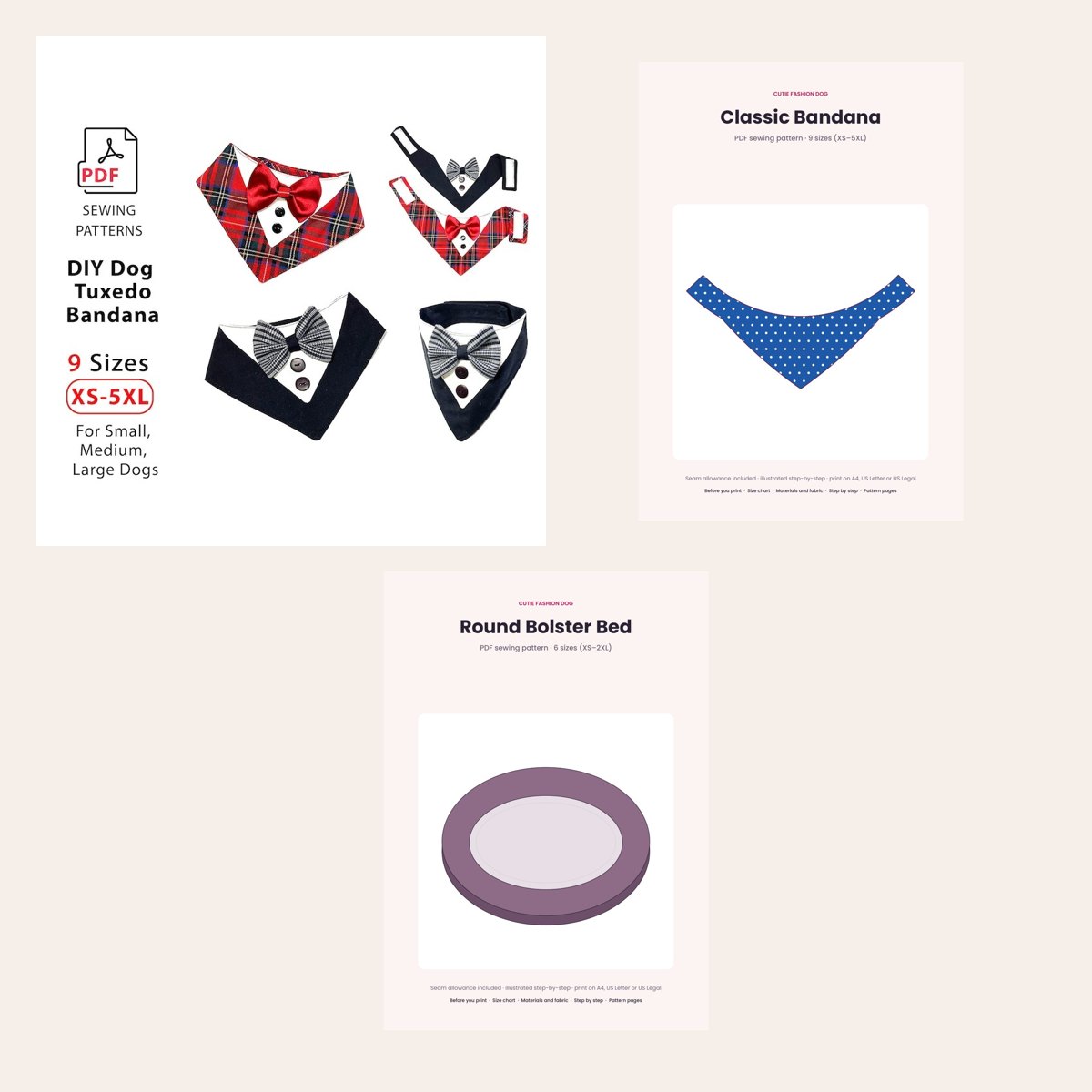 Bundle · 3 Dog Sewing Patterns (Tuxedo Bandana + Classic Bandana + Round Bed)
